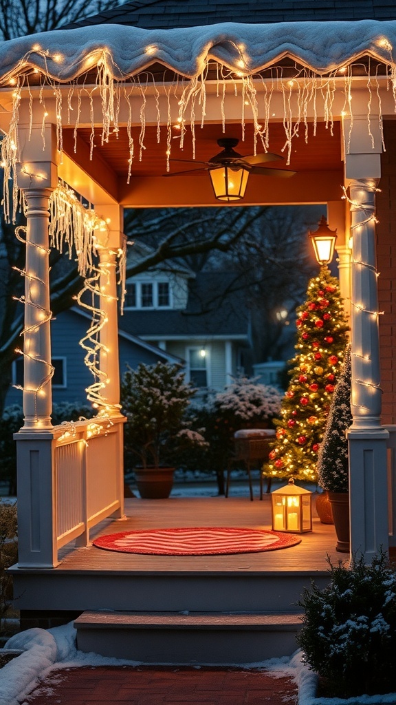 A winter front door decorated with icicle lights, a red and white rug, and a Christmas tree.
