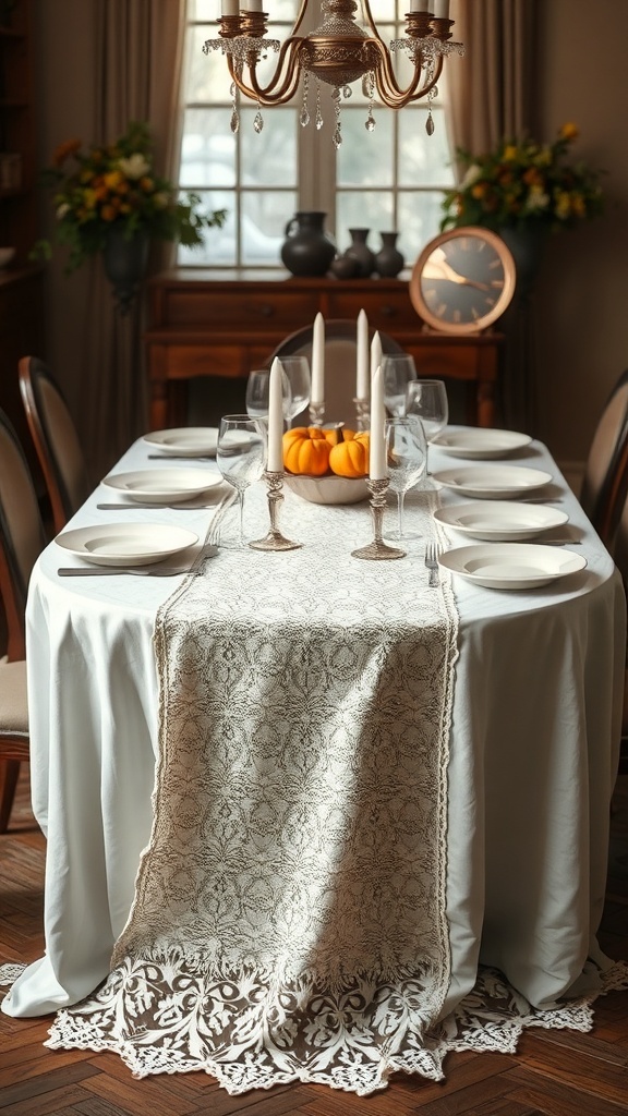 A beautifully set Thanksgiving table featuring an elegant lace table runner, white plates, glassware, and a centerpiece of small pumpkins.