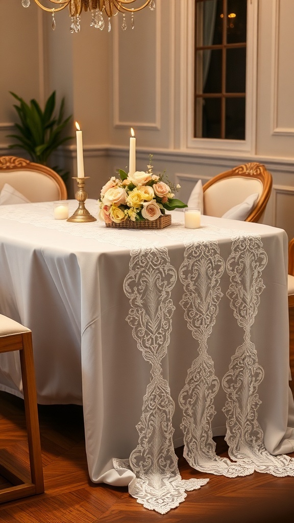 A beautifully set dining table with a lace table runner, candles, and a floral centerpiece.