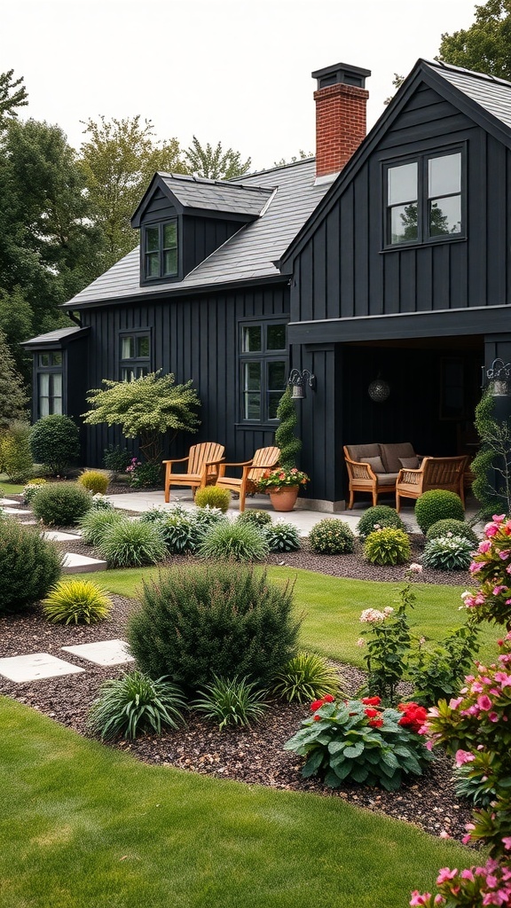 Black modern farmhouse with elegant landscaping featuring shrubs, flowers, and stone pathways.