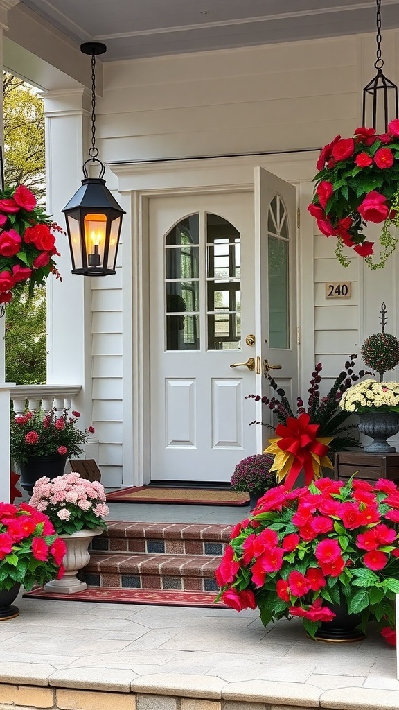 A front porch decorated with vibrant red flowers and a glowing lantern.