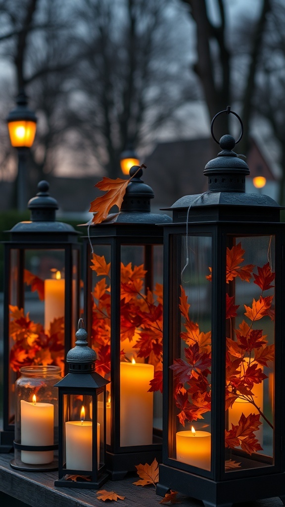 Lanterns with candles and autumn leaves