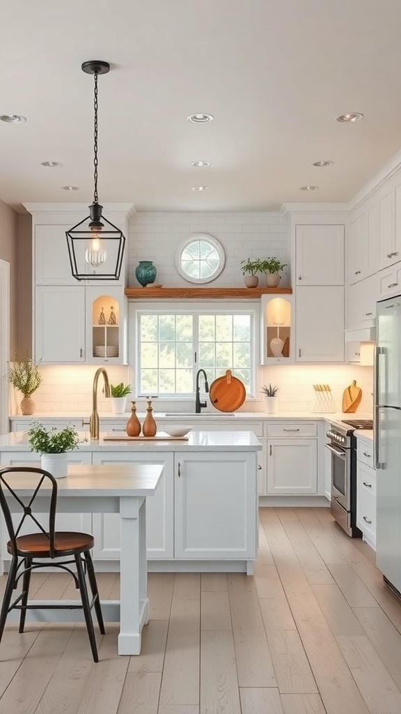 A bright white farmhouse kitchen featuring a stylish pendant light above the island.