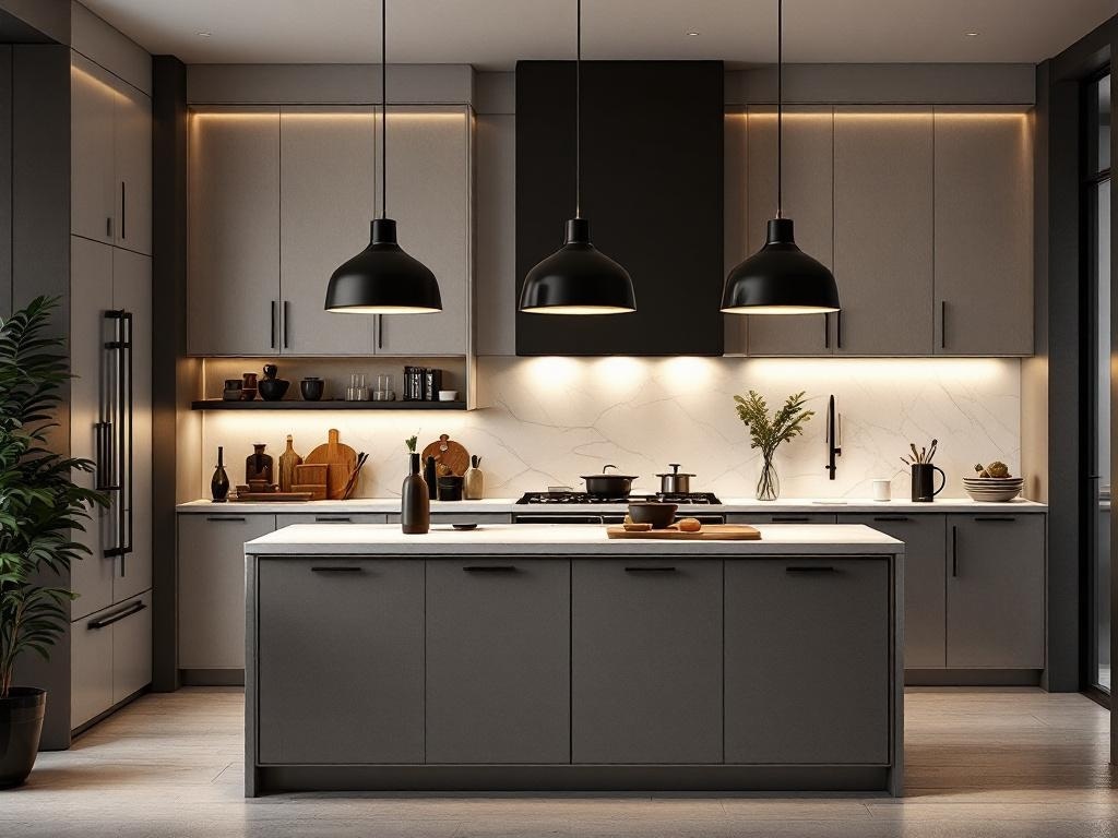 Modern kitchen featuring black pendant lights over an island with gray cabinetry and marble countertops.