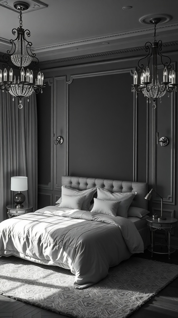 A stylish black and white bedroom featuring elegant chandeliers and soft lighting.