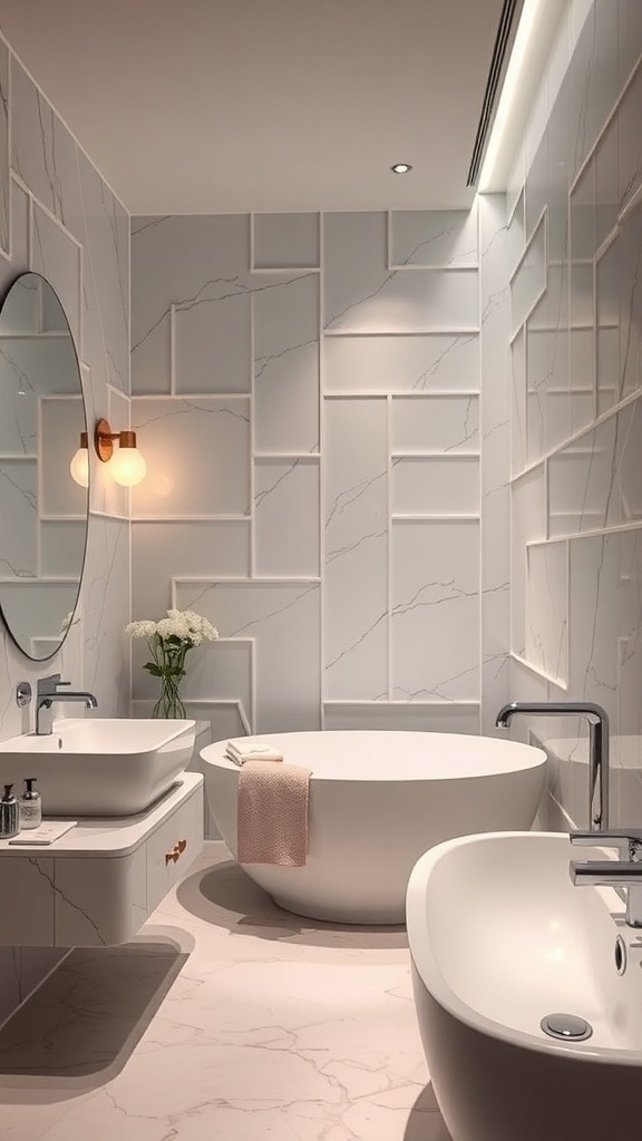 A modern spa bathroom featuring elegant lighting fixtures and a soothing design.