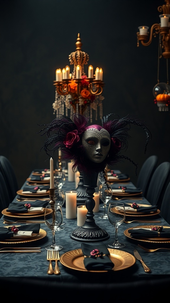 A beautifully set table for a masquerade ball with a dark tablecloth, golden plates, black napkins, a candelabra, and a decorative mask.