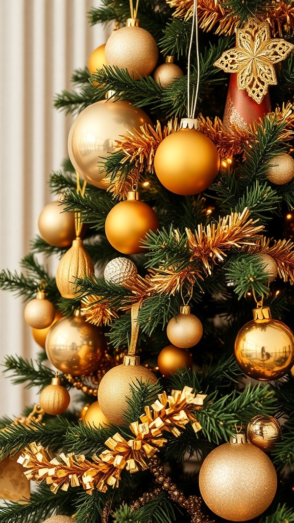 A beautifully decorated Christmas tree with gold ornaments and garlands.
