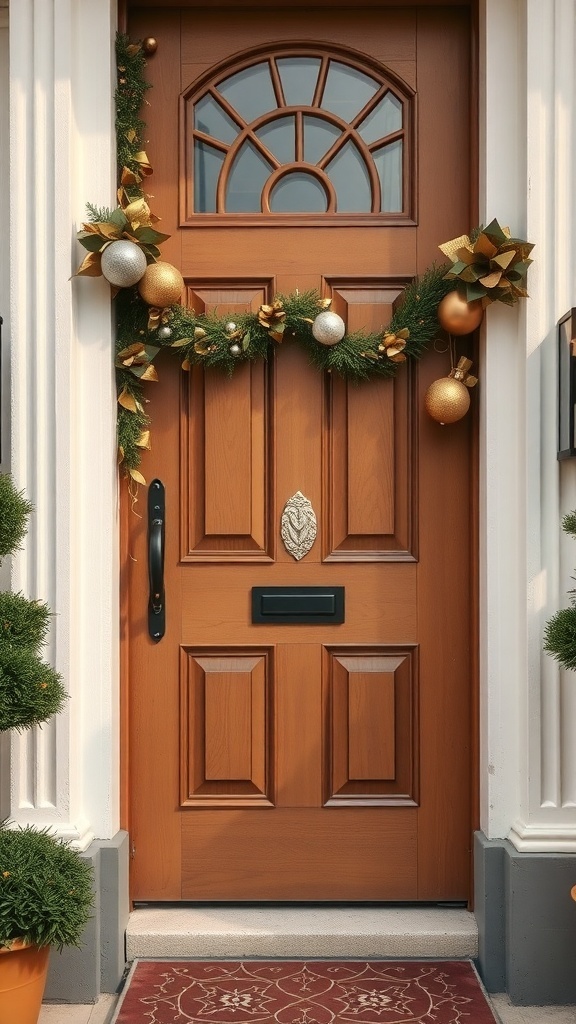 A beautifully decorated front door with a wooden finish, adorned with a green garland and metallic ornaments.
