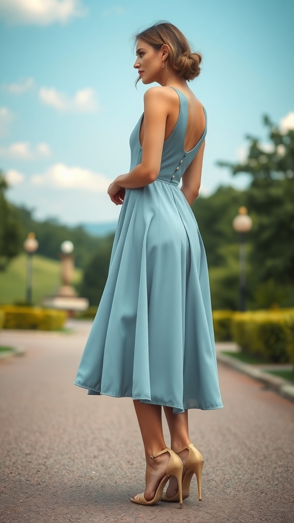 A woman wearing a light blue midi dress and beige heels, standing outdoors.
