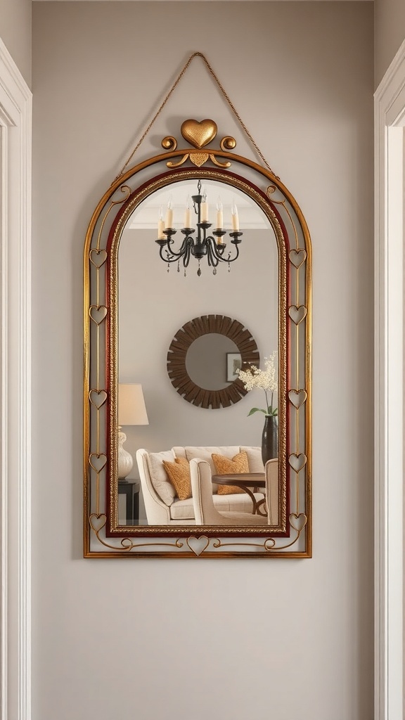 A decorative mirror with heart motifs, reflecting a cozy living space.