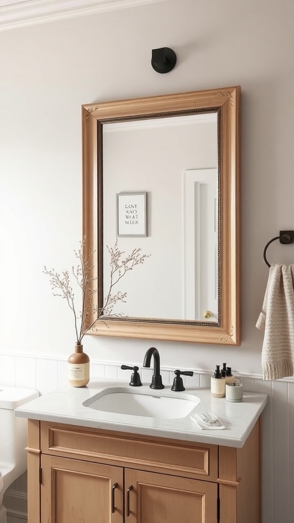 A modern farmhouse master bath featuring a framed mirror above a sink with natural elements.