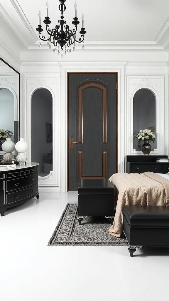 A stylish bedroom featuring black furniture, white walls, and elegant decor.