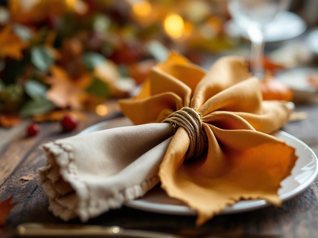 A beautifully folded napkin in warm autumn colors, arranged elegantly on a plate with twine.
