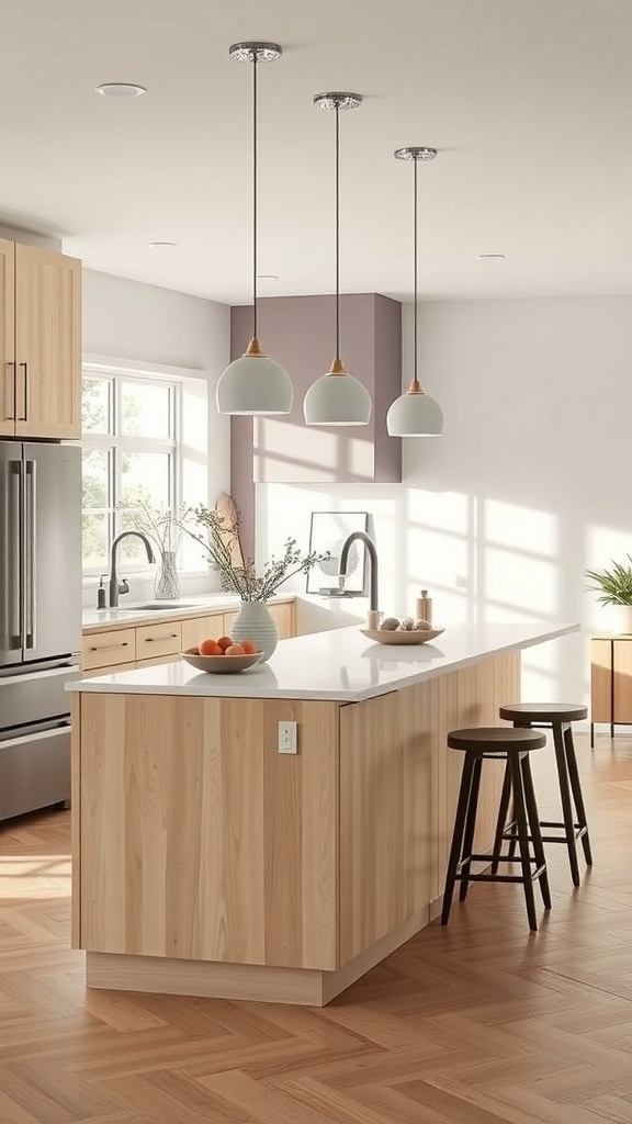 A neutral kitchen island with light wood and a white countertop, featuring pendant lights and stools.