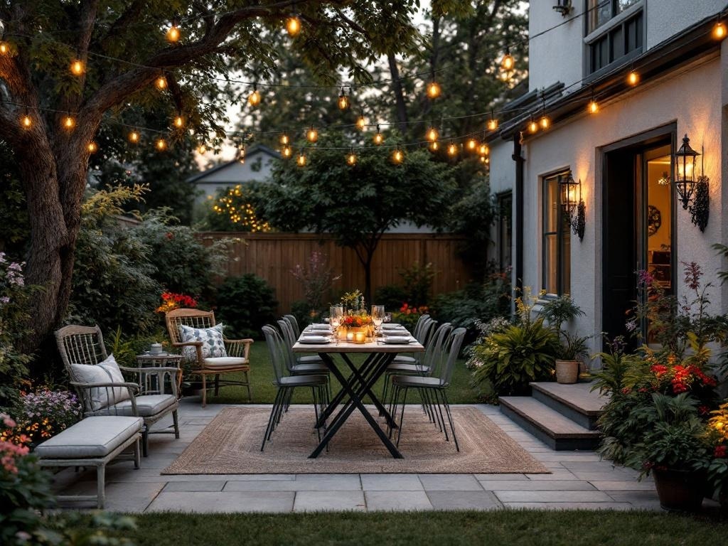 A beautifully arranged outdoor dining area with a long table, string lights, and lush greenery.