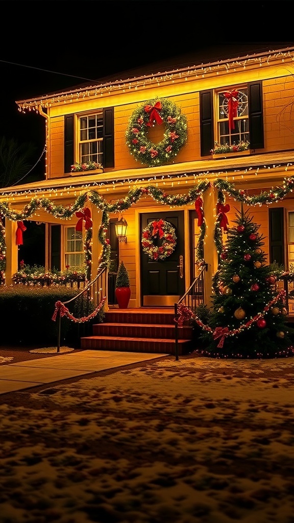 A beautifully decorated house with Christmas lights, wreaths, and a tree.