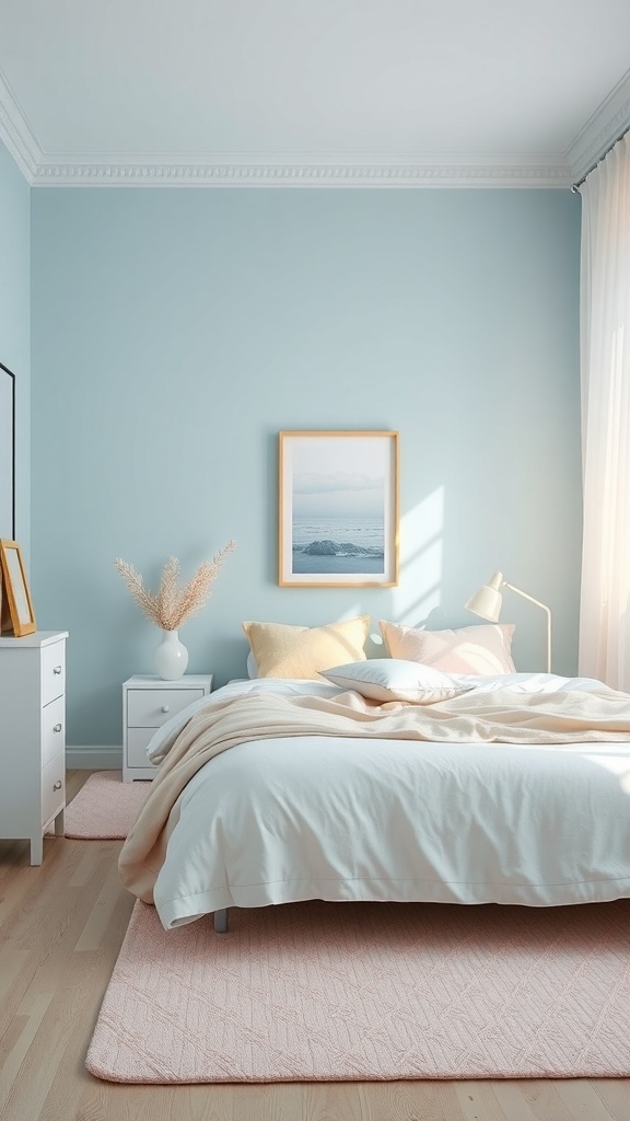 A light blue bedroom featuring pastel accents with a cozy bed and soft decor.