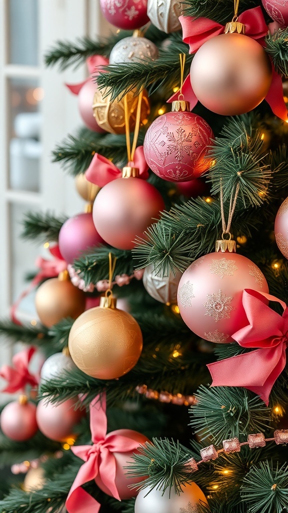 Close-up of a Christmas tree adorned with pink and gold ornaments