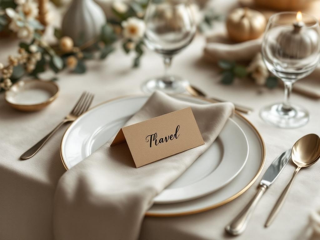 A neutral Thanksgiving table setting featuring an elegant earth-toned place card on a plate.