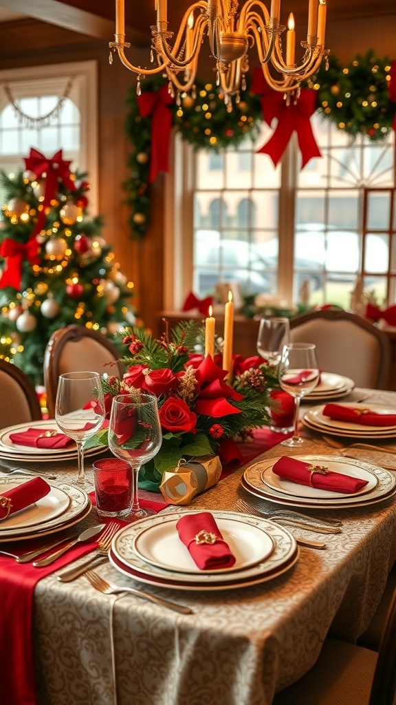 A beautifully set Christmas table featuring red and gold decorations, with a centerpiece of roses and candles.