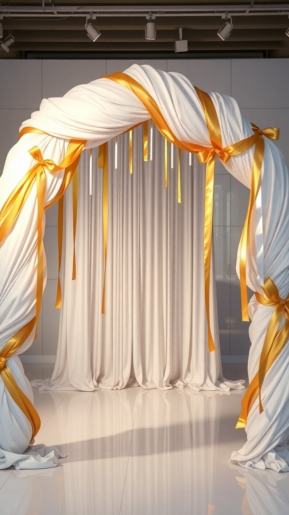 Indoor Christmas archway decor with white drapes and gold ribbons.