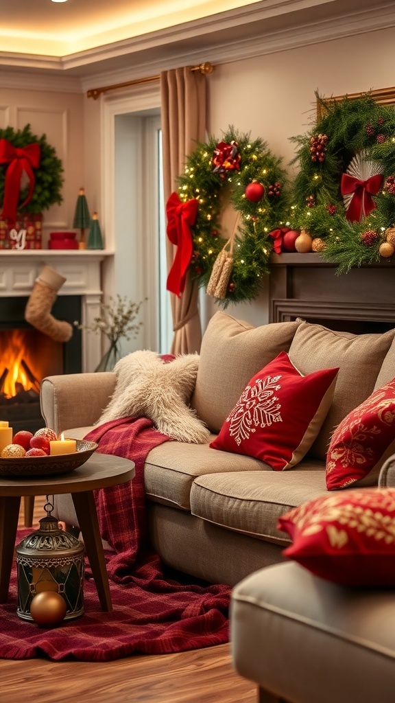 Cozy living room decorated for Christmas with red and gold textiles, pillows, and festive wreaths.