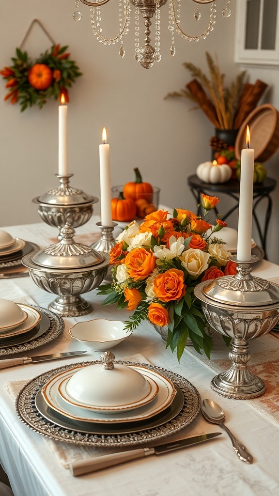 A beautifully set Thanksgiving table with silver serving dishes, white plates with gold trim, a floral centerpiece, and candles.
