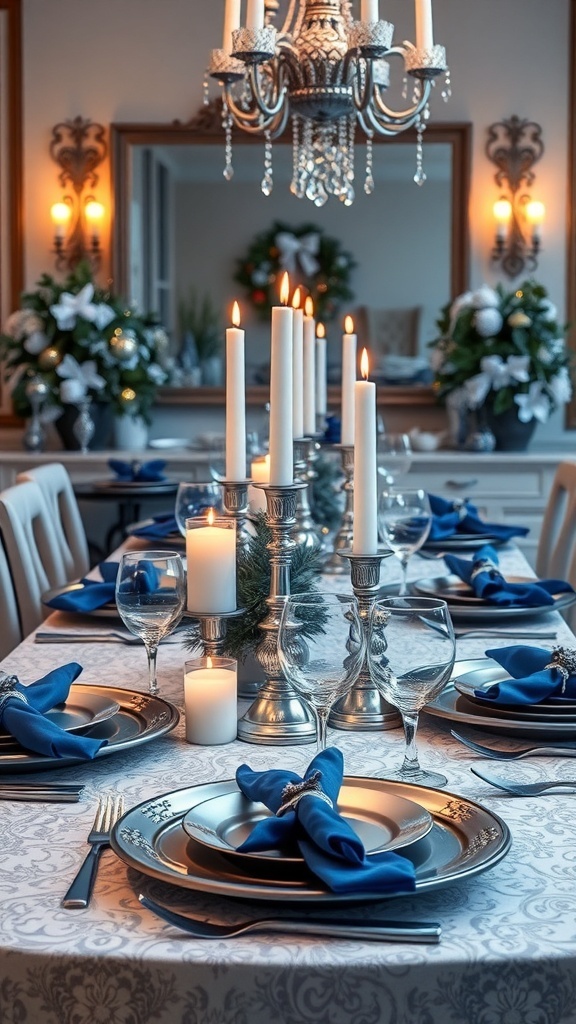 A beautifully set dining table with silver and blue decorations, featuring candles and elegant tableware.
