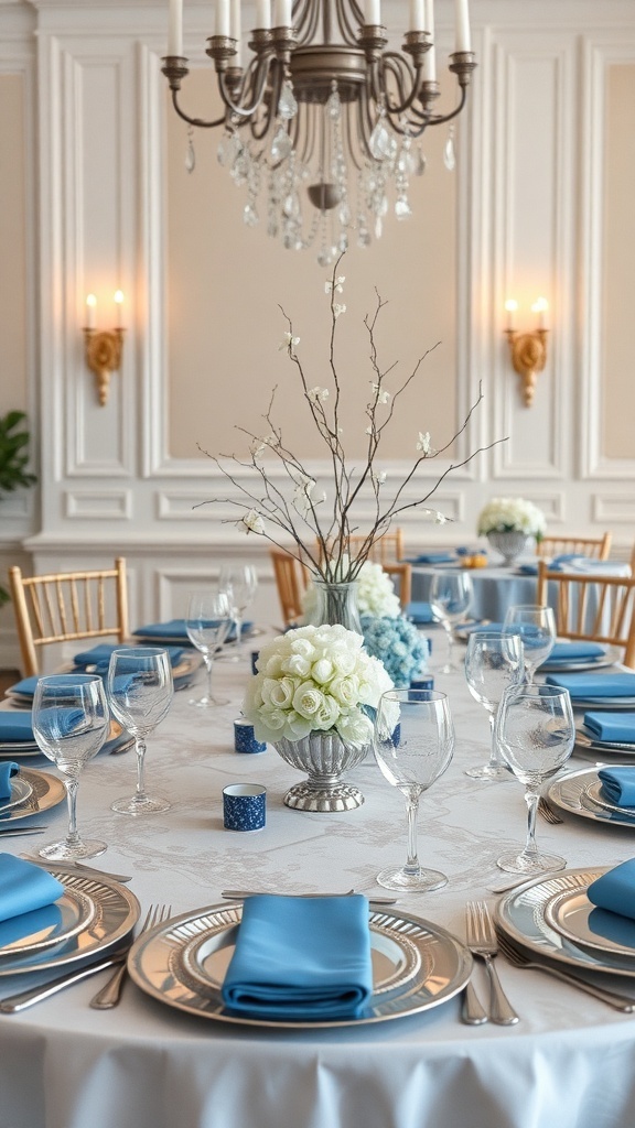 A beautifully set dining table with silver and blue decor, featuring elegant tableware and floral arrangements.
