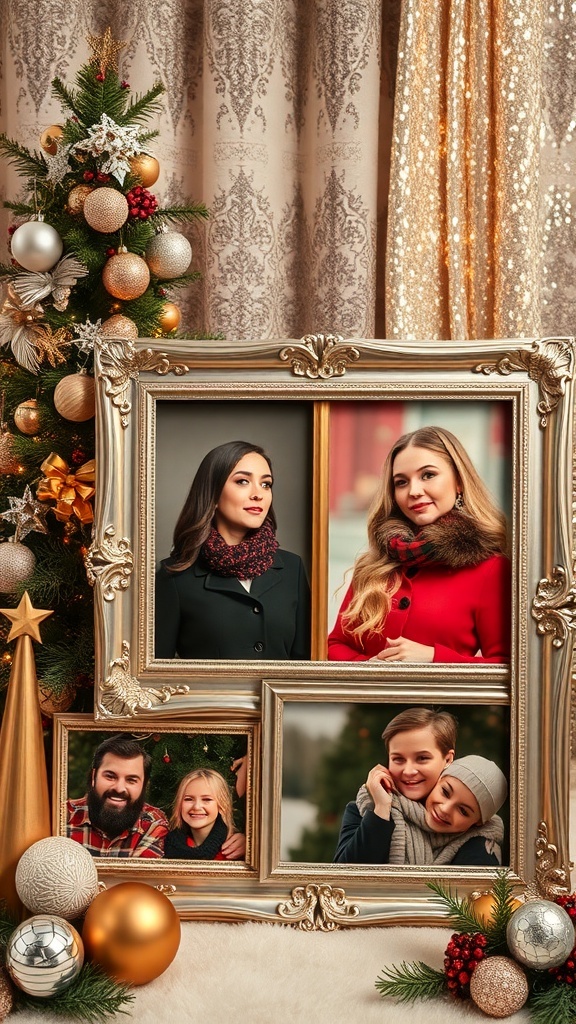 A collection of elegant silver and gold picture frames displaying Christmas photos, surrounded by festive decorations.