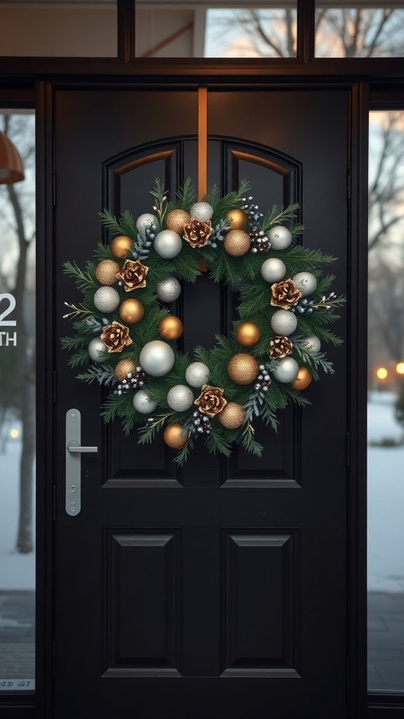 A winter wreath featuring silver and gold ornaments on a black front door.
