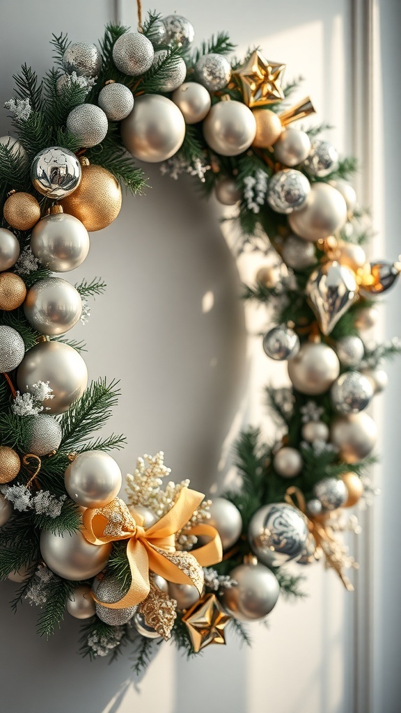 A winter wreath featuring silver and gold ornaments, with a bow and greenery.