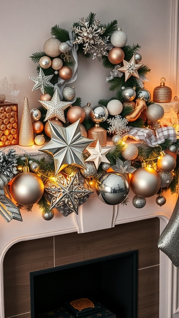 Christmas mantle decorated with silver and gold ornaments, a wreath, and twinkling lights.