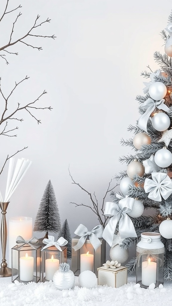 A winter decoration scene featuring a silver and white color scheme with a decorated tree, candles, and decorative elements.
