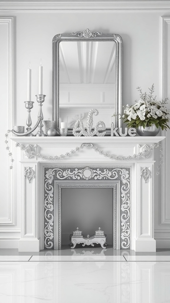 A beautifully decorated mantel in silver and white with candles and flowers.