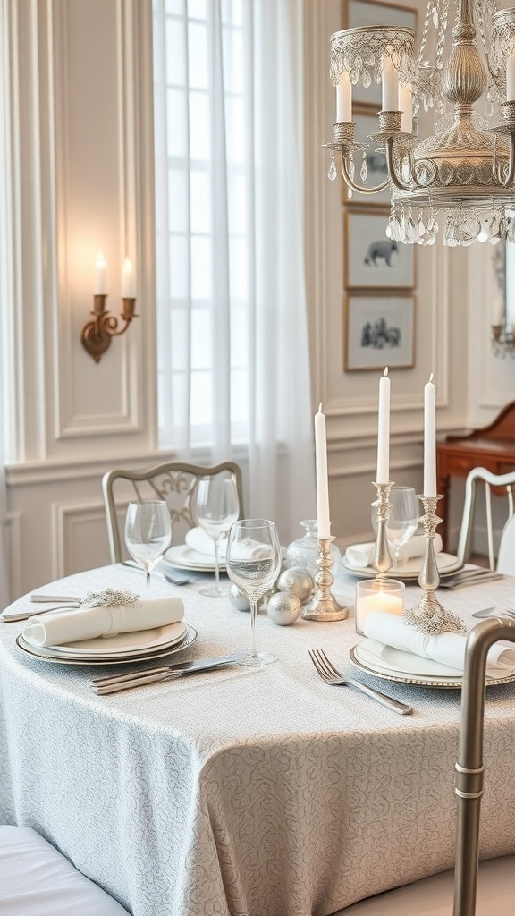A beautifully set table with silver and white decor, featuring candles, elegant tableware, and a soft tablecloth.