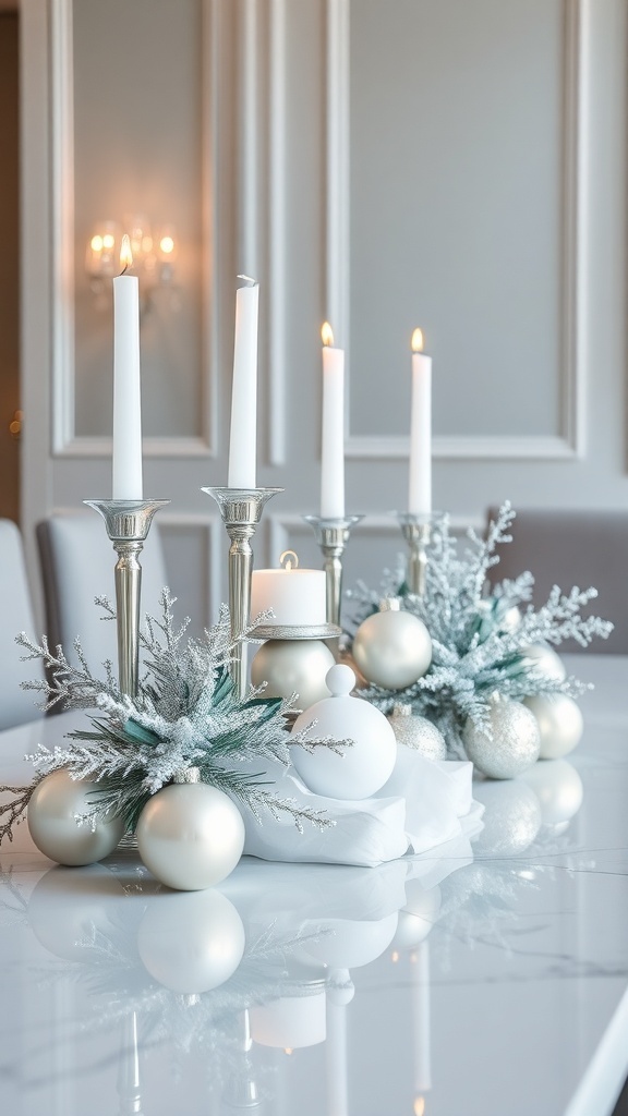 A winter table centerpiece featuring silver and white decorations with candles and ornaments.