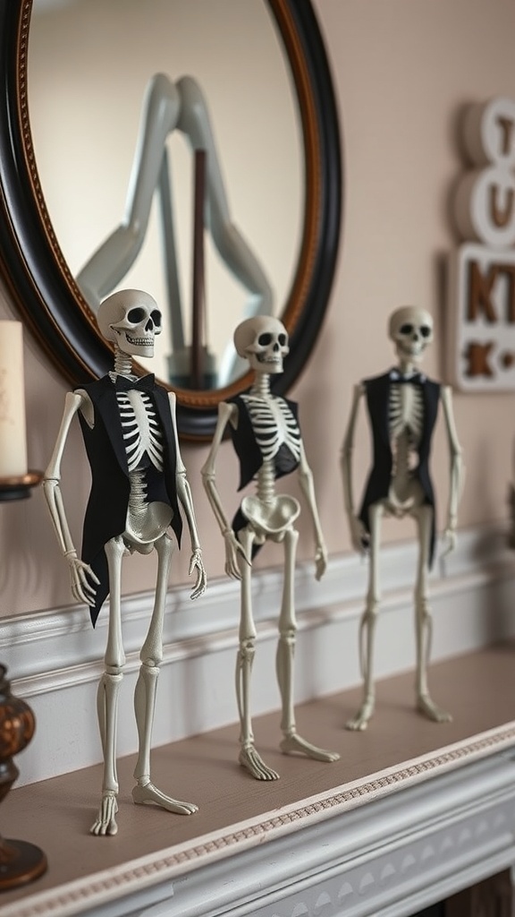 Three elegant skeleton figurines dressed in black vests, displayed on a shelf with a mirror in the background.