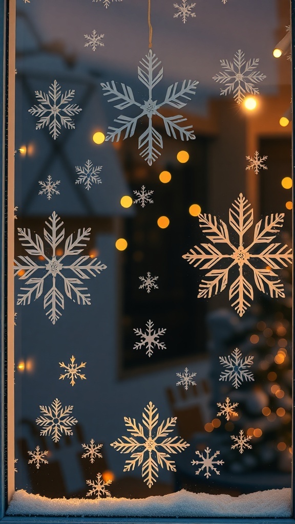 Window decorated with snowflake designs and warm lights
