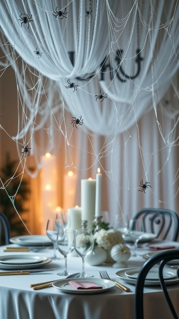 A beautifully decorated table with spiderweb accents for Halloween, featuring candles, glassware, and elegant table settings.