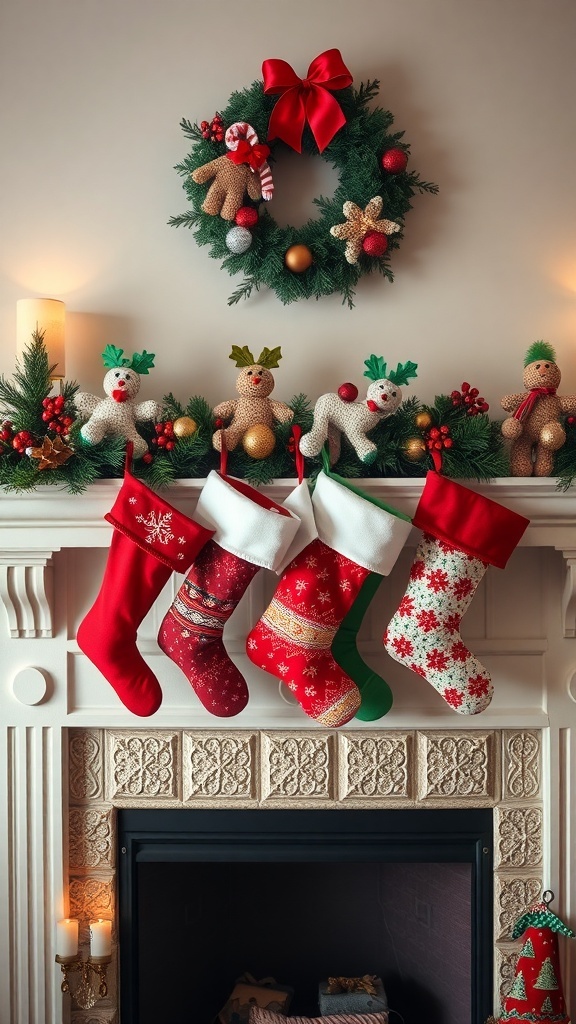 A beautifully decorated mantle with colorful stockings, a wreath, and festive ornaments.