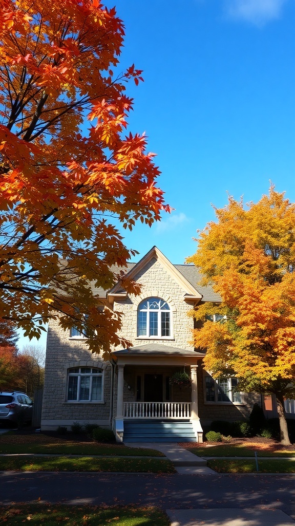 A house with a stone facade surrounded by colorful autumn trees.