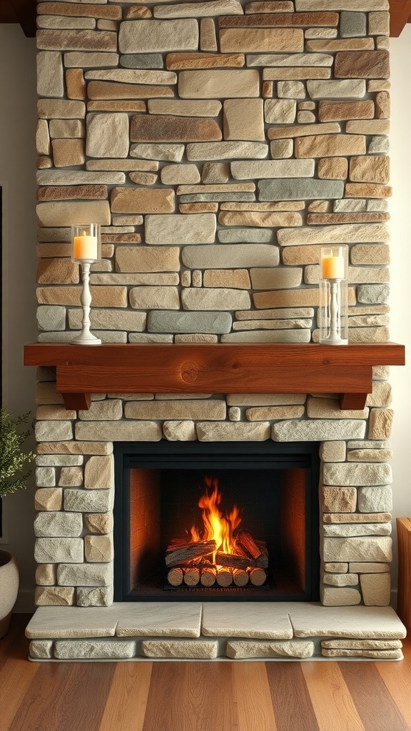 A modern farmhouse fireplace with a stone surround and wooden mantel.