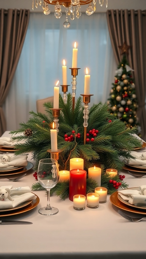 A beautifully decorated dining table for Christmas, featuring candles, greenery, and festive decor.