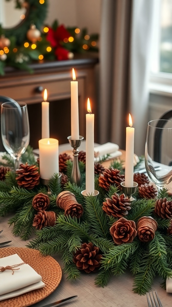 A beautifully arranged table centerpiece featuring pinecones, greenery, and candles.