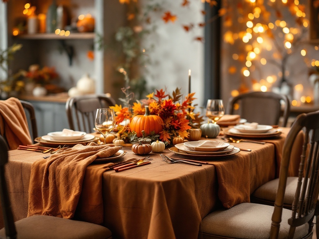 A beautifully set Thanksgiving table with warm linens, pumpkins, and autumn leaves.