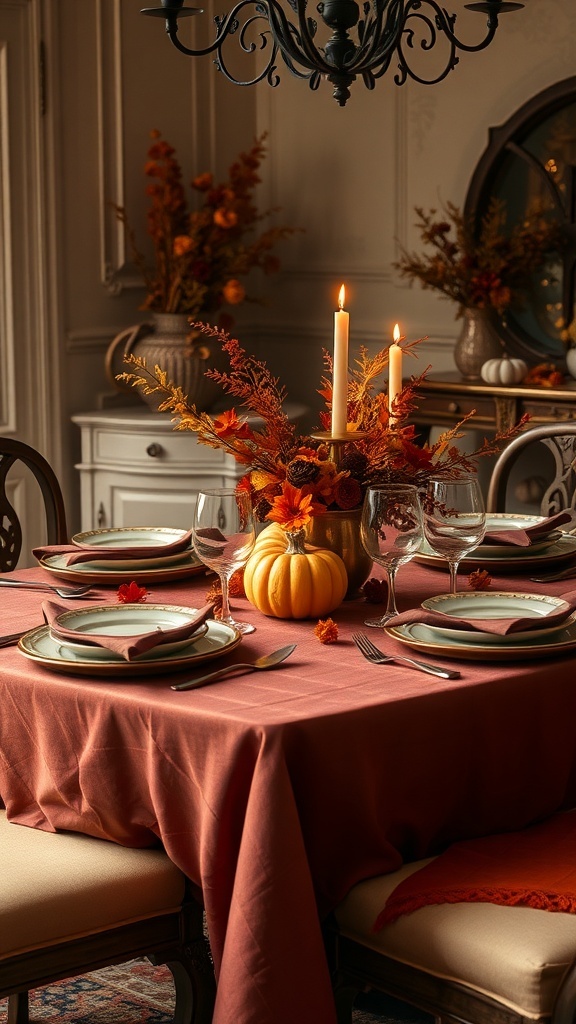 Thanksgiving table set with rust-colored linens, elegant tableware, and a pumpkin centerpiece.