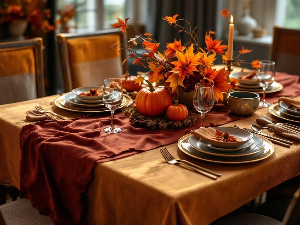 Thanksgiving table with autumn-themed decorations, featuring a golden tablecloth, burgundy runner, and a centerpiece of leaves and pumpkins.