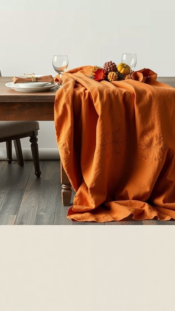 A Thanksgiving table setting featuring an orange tablecloth, decorative gourds, and clear glasses.